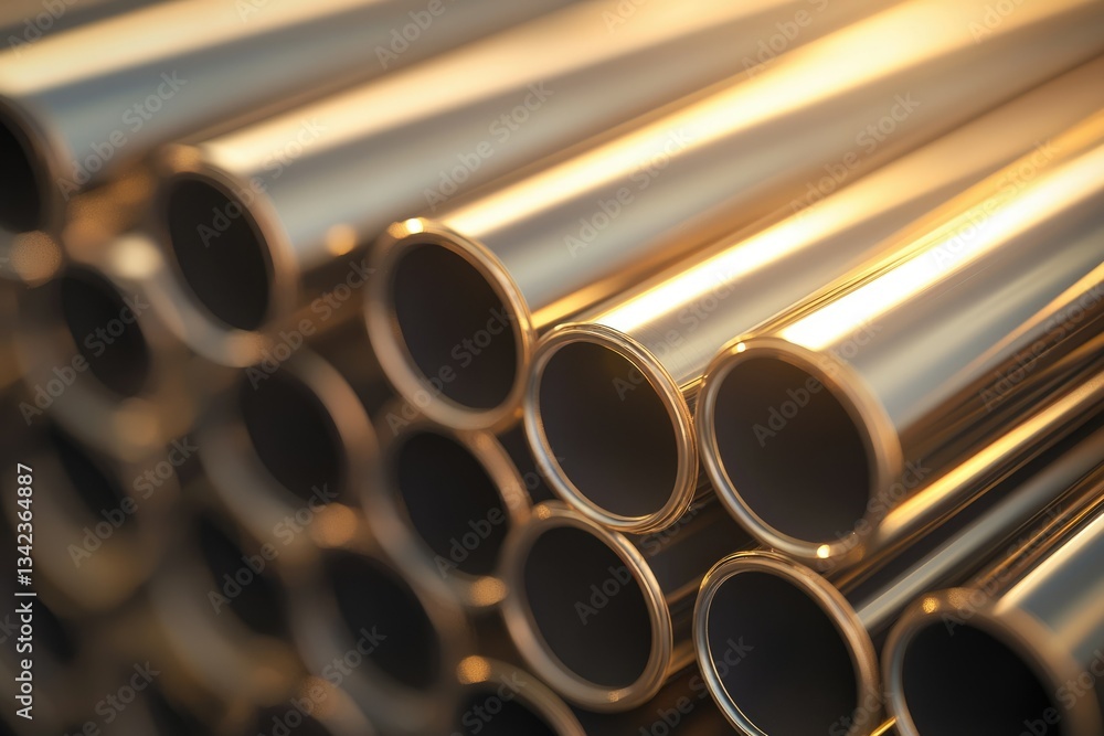 Close-up of shiny metal pipes stacked neatly, showcasing industrial precision and metallic gleam. Close-up of shiny metal pipes stacked neatly, showcasing industrial precision and metallic gleam.