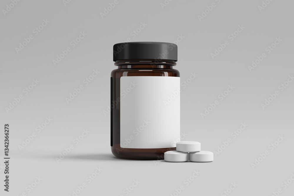 Amber Glass Pill Bottle with Blank Label and White Tablets on Gray Background Amber Glass Pill Bottle with Blank Label and White Tablets on Gray Background