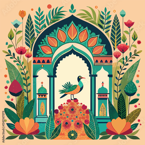 Intricate Islamic Mughal Garden Archway with Peacock and Patte Patterns
