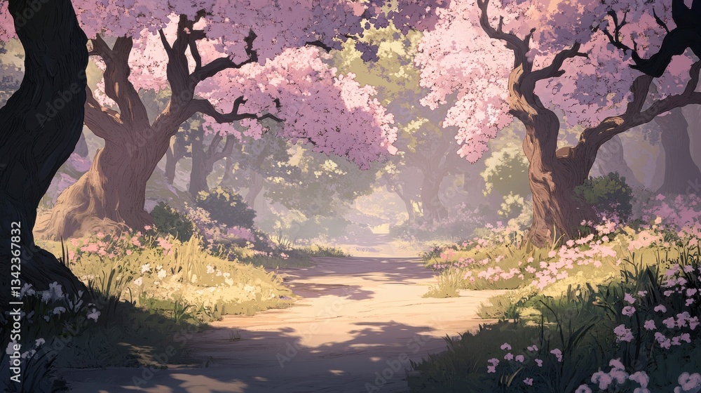 Fototapeta premium Serene Pathway Through Enchanted Cherry Blossom Forest Scene