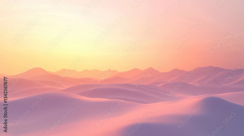 Obraz premium Pink And Orange Sunset Over Misty Mountains And Hills In Scenic Landscape With Soft Clouds And Warm Light Over Horizon Line Background Design Illustration Digital Art Image Photography Art Work With