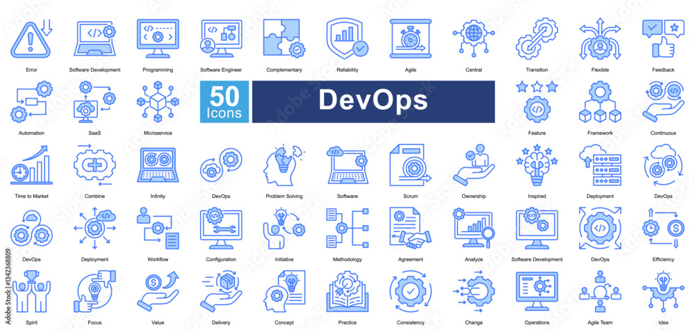 Obraz premium DevOps icon set in blue color style, featuring 50 icons of automation, deployment, agile workflows, and software development. Ideal for IT operations, cloud computing, and CI/CD pipelines.