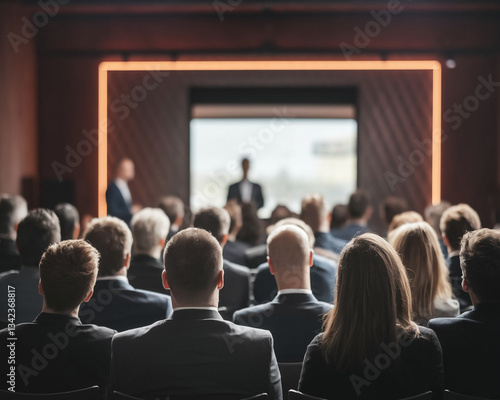 Audience viewed from behind, seated in a dark room before a screen and speaker.  Illustrates a business conference, presentation, or seminar setting.  Showcase of event space.