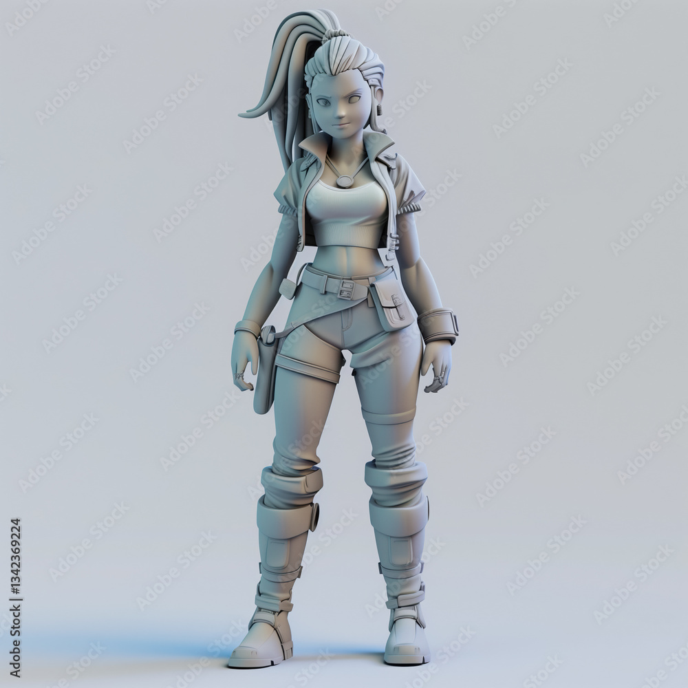A female warrior character stands confidently in a casual outfit, highlighting her detailed features and dynamic pose, creating a striking visual against a simple backdrop. A female warrior character stands confidently in a casual outfit, highlighting her detailed features and dynamic pose, creating a striking visual against a simple backdrop.