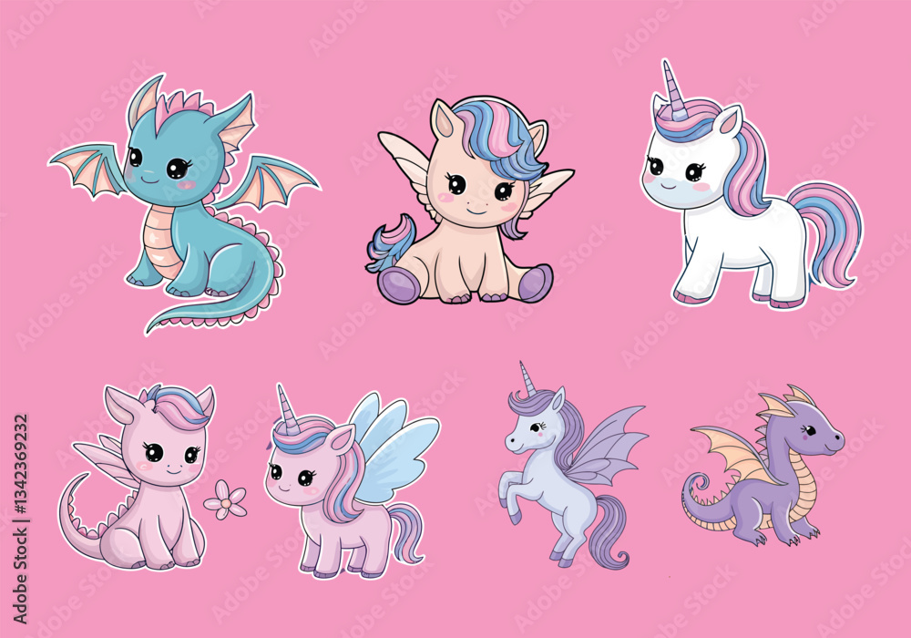 Obraz premium Cute Fantasy Creature Stickers: Dragons Unicorns! Magical Decals for Laptops, Planners