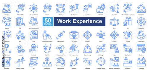 Work Experience icon set in blue color style, featuring 50 icons of career growth, job roles, teamwork, and professional skills. Perfect for HR, employee training, and workplace management.