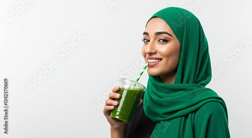 Smiling Muslim Woman Enjoying a Refreshing Green Smoothie on a White Background