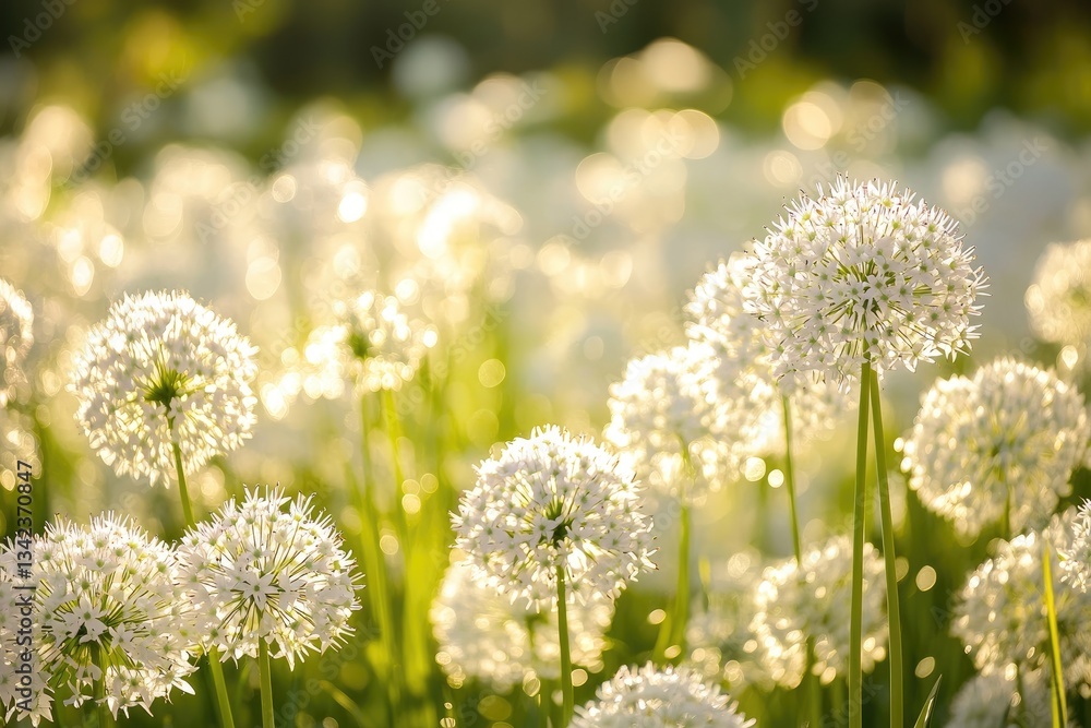 Sunlit field of round, white flowers with blurred background Sunlit field of round, white flowers with blurred background