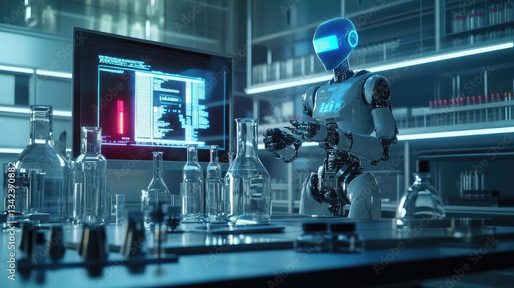 White Robot Conducting Experiments in a Modern Laboratory Setting. This shows a robot conducting experiments in a laboratory. The setting is modern, clean, and sterile. The robot is performing White Robot Conducting Experiments in a Modern Laboratory Setting. This shows a robot conducting experiments in a laboratory. The setting is modern, clean, and sterile. The robot is performing