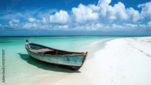 Serene tropical beachscape featuring a weathered fishing boat on white sand shore