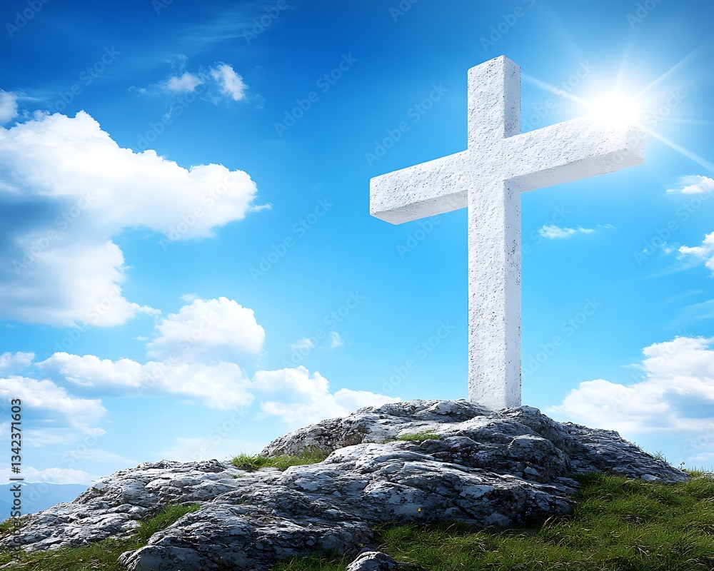 Cross on a mountain under the sunlight in a clear sky Cross on a mountain under the sunlight in a clear sky