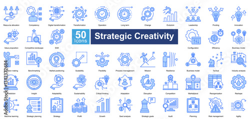Strategic Creativity icon set in blue color style, featuring 50 icons on innovation, leadership, adaptability, and business transformation. Ideal for strategy planning, market analysis, and growth.