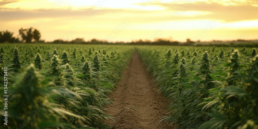 Obraz premium Golden Hour Cannabis Cultivation: Rows of Hemp Plants at Sunset