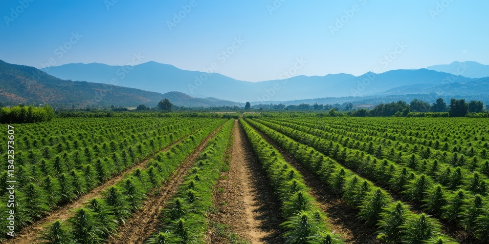 Naklejka premium Serene Hemp Fields in Mountain Valley