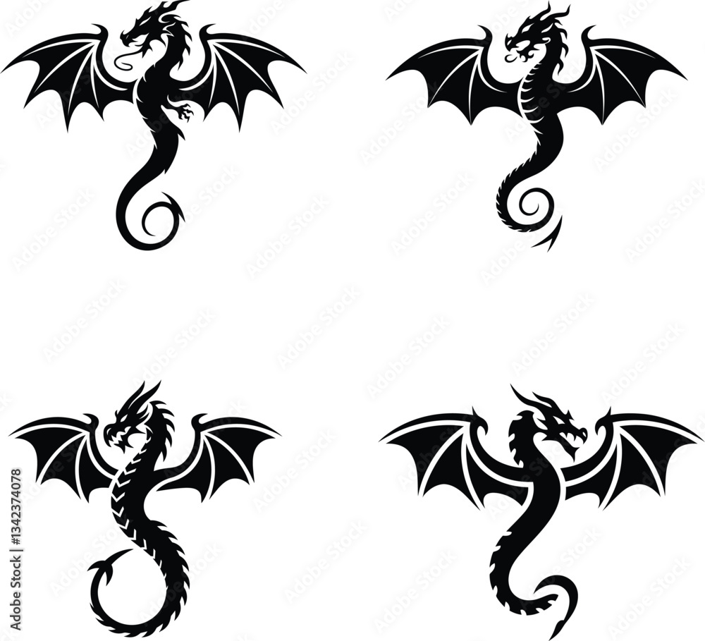 Naklejka premium Black Dragon Silhouette Vector - Mythical Winged Creature Design
