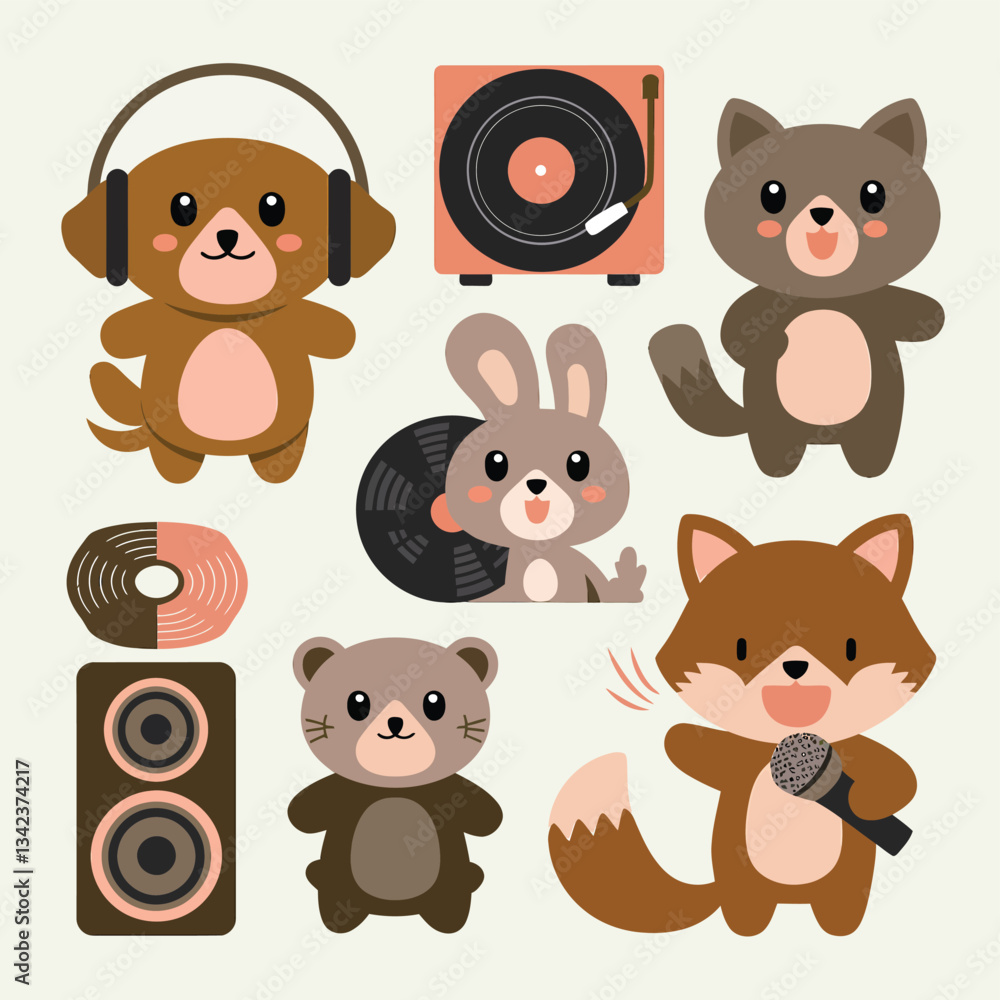 Obraz premium 2d vector illustration icon cool entertainment cartoon character music tools (Drum , Music Note , Headphones ,Microphone , Piano , Guitar ,Record) 