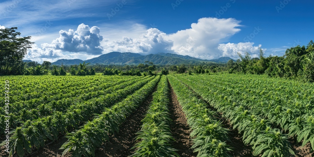 Serene Hemp Plantation Panorama: Lush Green Fields Against Majestic Mountains Under a Sunny Sky Serene Hemp Plantation Panorama: Lush Green Fields Against Majestic Mountains Under a Sunny Sky