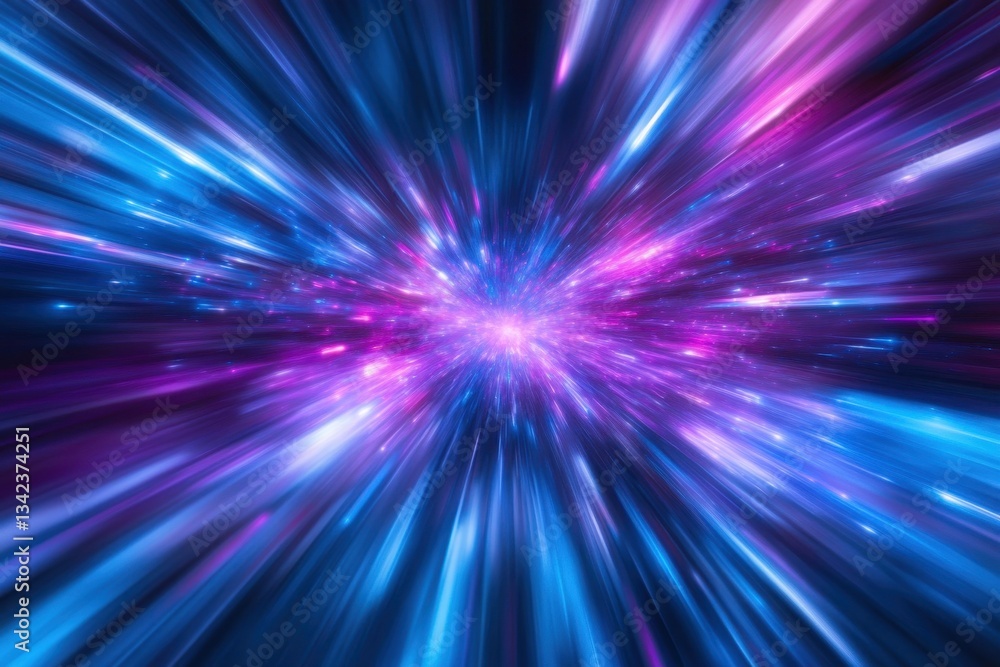 Abstract blue and violet light streaks shoot outwards from a central point. Great for space travel, futuristic tech or high speed concepts. Abstract blue and violet light streaks shoot outwards from a central point. Great for space travel, futuristic tech or high speed concepts.