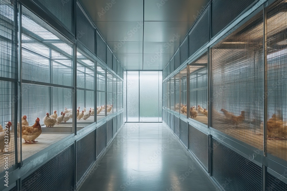Chickens in rows of cages in a modern, sterile poultry farm. It illustrates farming, agriculture, or animal welfare concerns. Chickens in rows of cages in a modern, sterile poultry farm. It illustrates farming, agriculture, or animal welfare concerns.