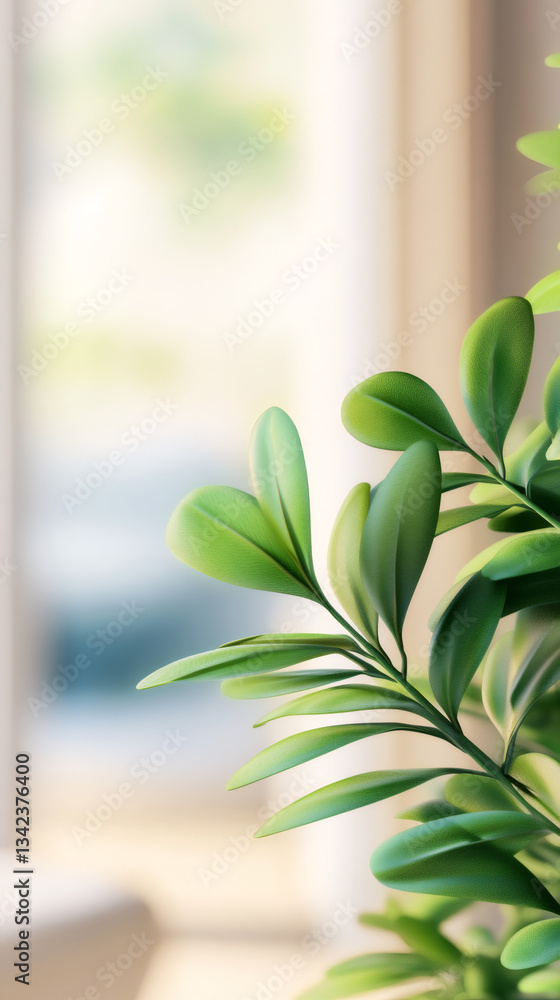 Green leaves growing lushly near window, casting delicate shadows on minimalist indoor surface with gentle illumination Green leaves growing lushly near window, casting delicate shadows on minimalist indoor surface with gentle illumination
