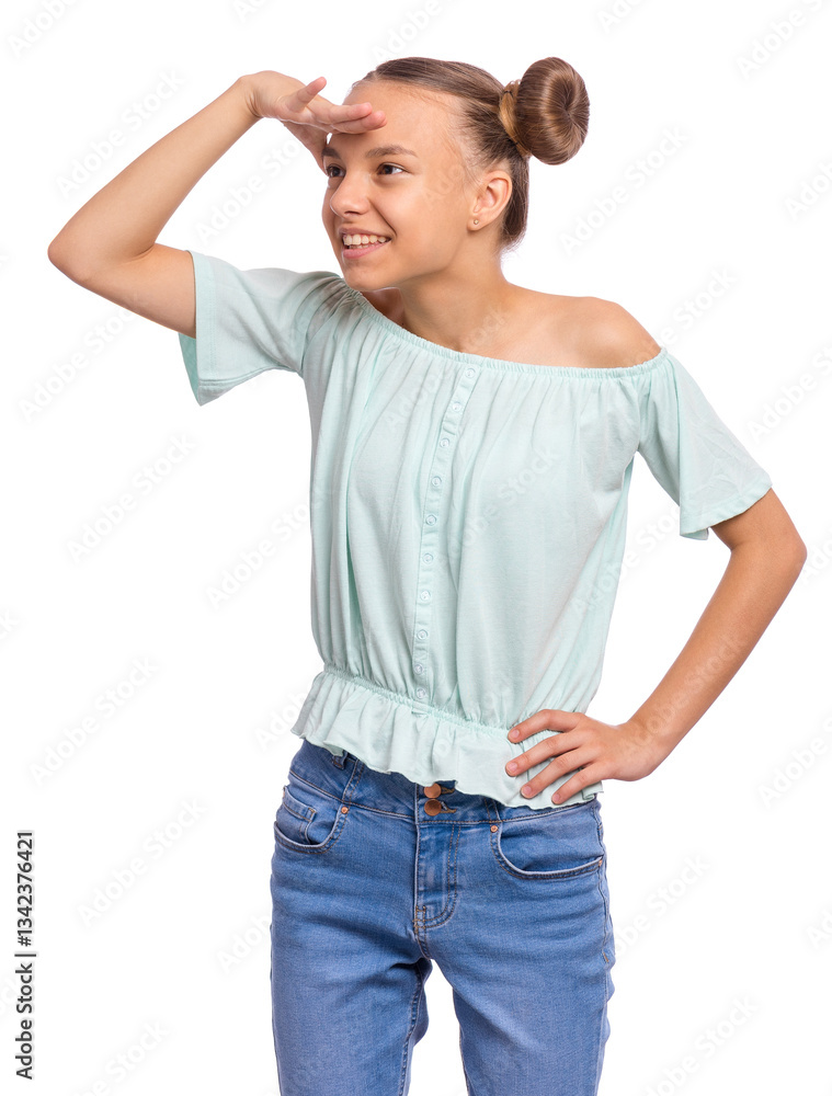 Obraz premium A young girl in a light blue off-shoulder top smiling and looking into the distance.