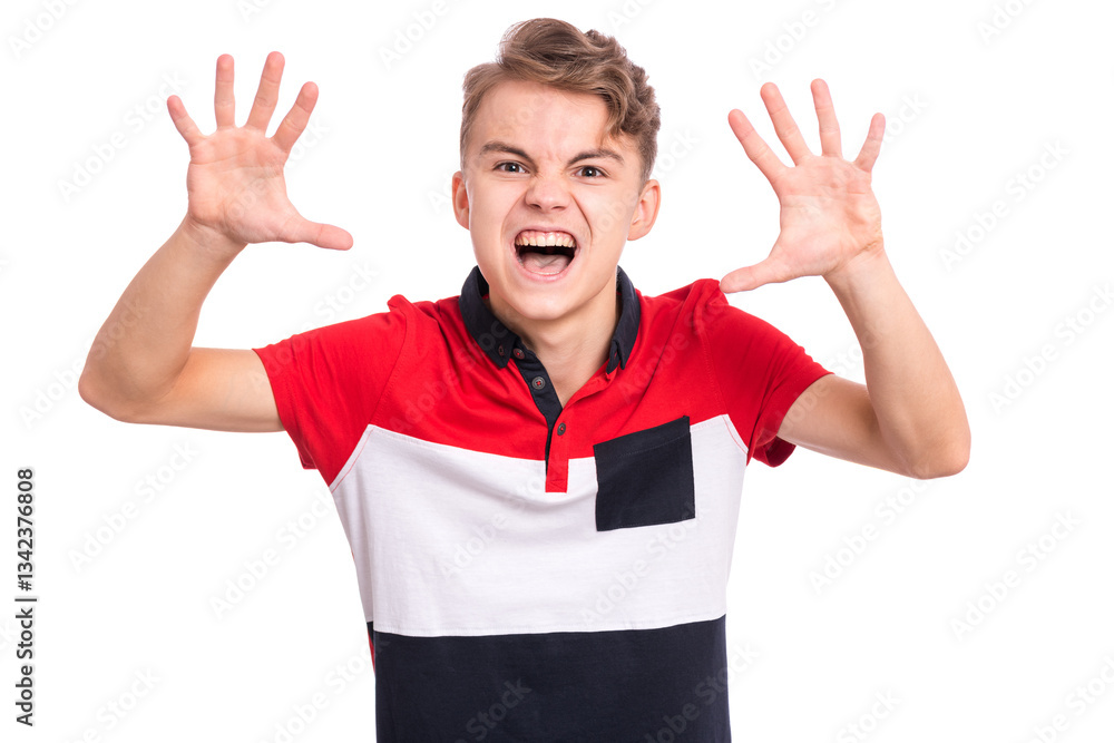 A young boy in a red and white shirt making a funny face and showing his hands in excitement. A young boy in a red and white shirt making a funny face and showing his hands in excitement.