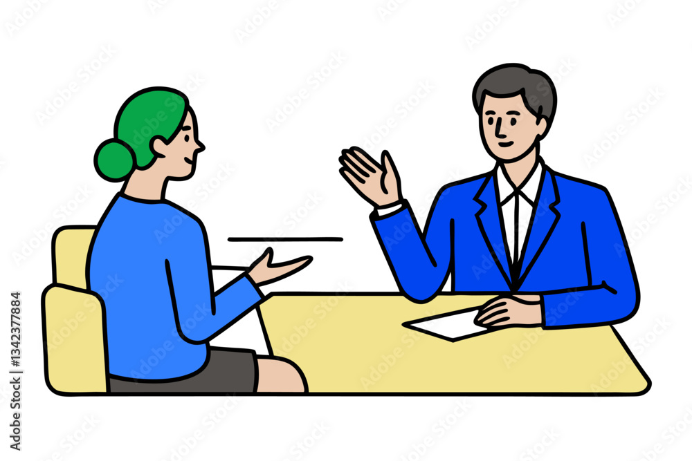 Business Meeting Woman and Man Discussing Project at Desk, Professional Corporate Environment, Flat Design Style Business Meeting Woman and Man Discussing Project at Desk, Professional Corporate Environment, Flat Design Style
