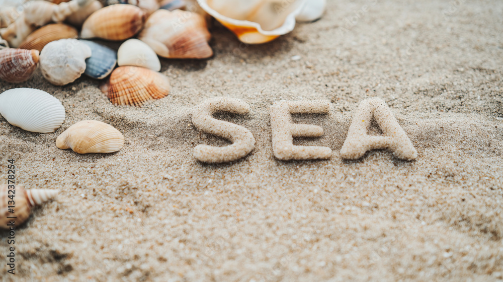 Sandy beach scene featuring word sea spelled out among scattered seashells, conveying relaxed summer mood Sandy beach scene featuring word sea spelled out among scattered seashells, conveying relaxed summer mood