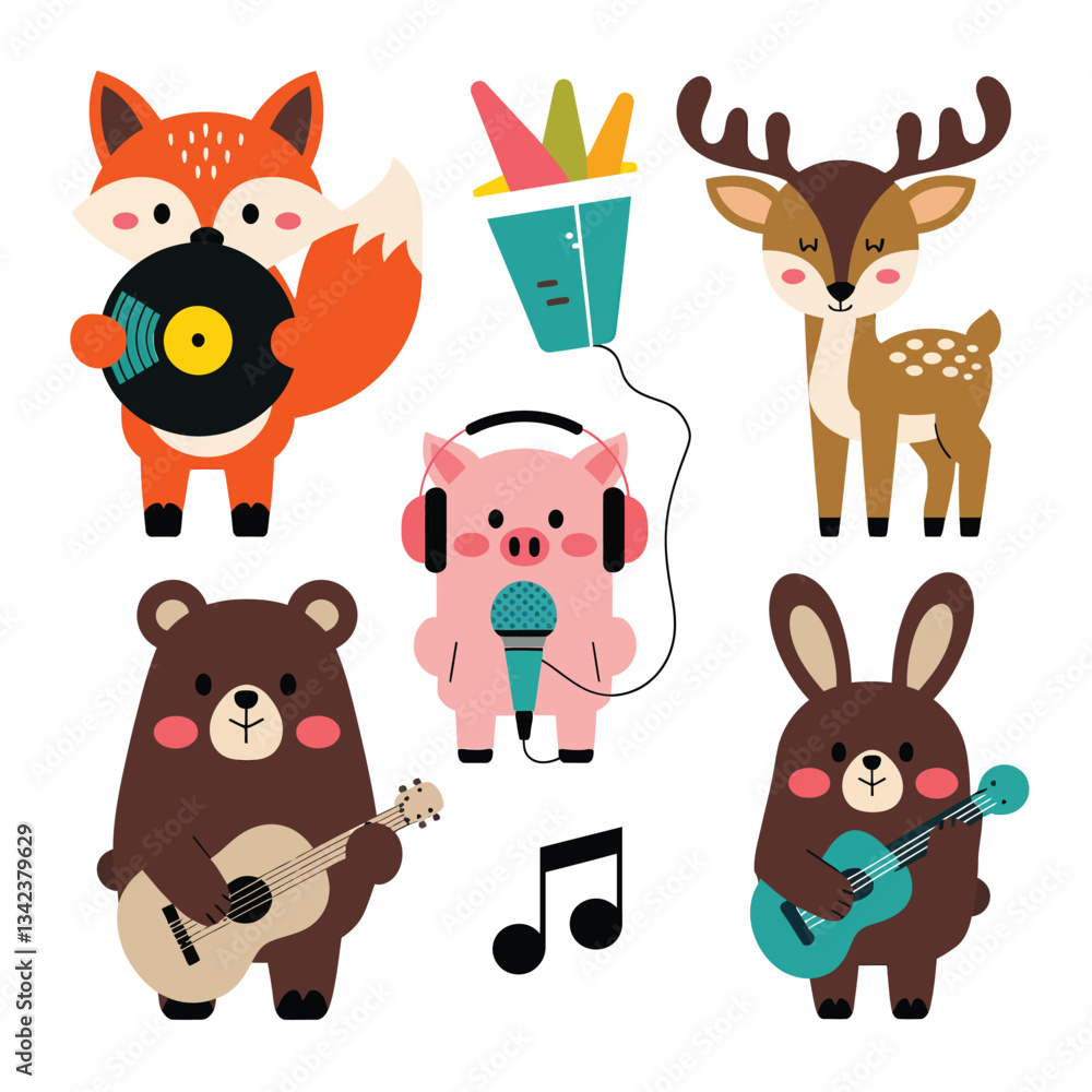 Fototapeta premium 2d vector illustration icon cool entertainment cartoon character music tools (Drum , Music Note , Headphones ,Microphone , Piano , Guitar ,Record)