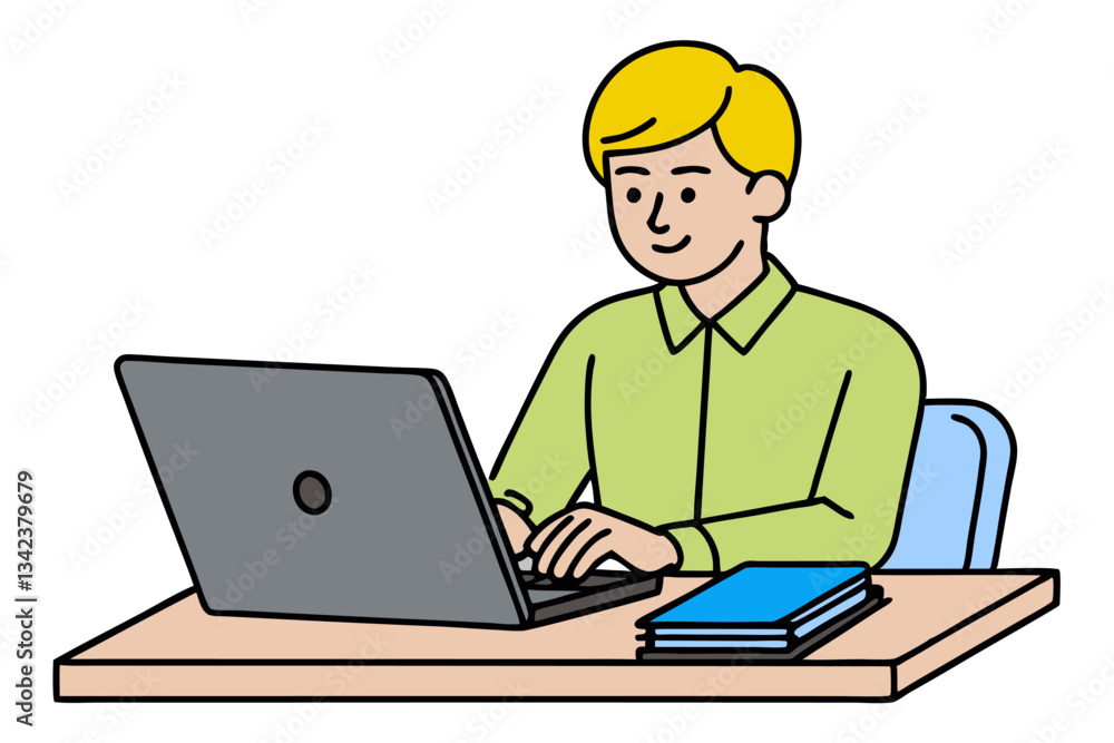 Cartoon Man Working on Laptop at Desk with Books, Focusing on Task, Modern Style Illustration Cartoon Man Working on Laptop at Desk with Books, Focusing on Task, Modern Style Illustration