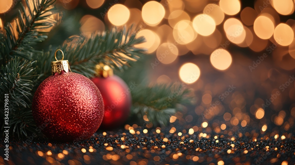 Festive red ornaments, fir branch, bokeh lights Festive red ornaments, fir branch, bokeh lights