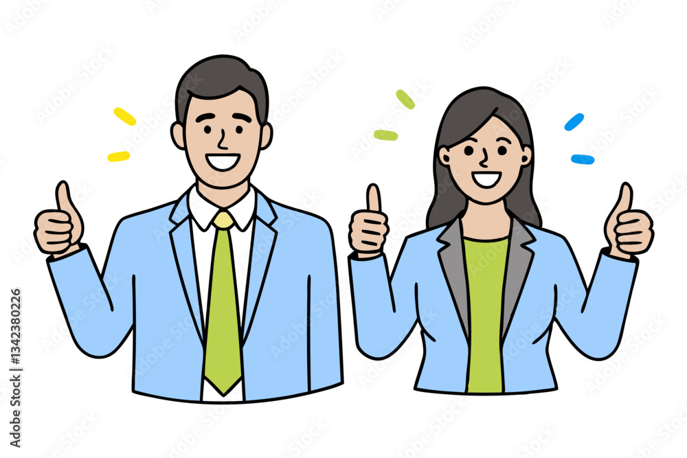 Cheerful Business Colleagues Giving Thumbs Up and Smiling With Colorful Sparks Over Head for Success Concept Cheerful Business Colleagues Giving Thumbs Up and Smiling With Colorful Sparks Over Head for Success Concept