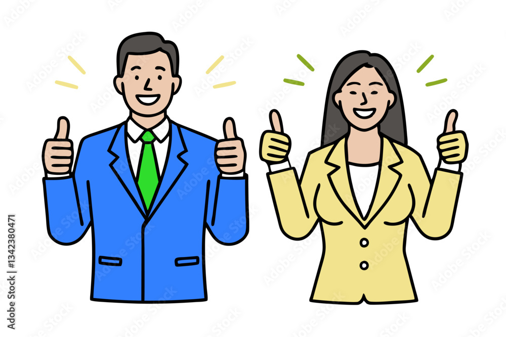Cheerful Business Team Cartoon Man and Woman Giving Thumbs Up on Isolated White Background Cheerful Business Team Cartoon Man and Woman Giving Thumbs Up on Isolated White Background