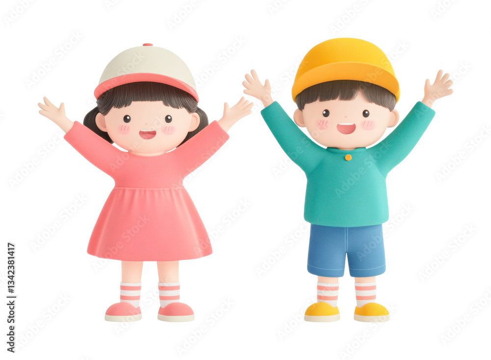 Happy cartoon asian children with raised arms and smiling faces, cut out Happy cartoon asian children with raised arms and smiling faces, cut out