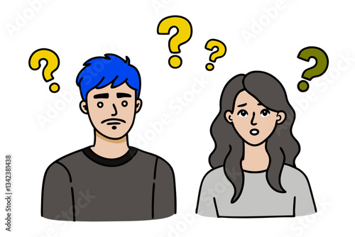 Confused Young Adults Cartoon Couple with Question Marks for Guidance, Support, and Understanding Concepts