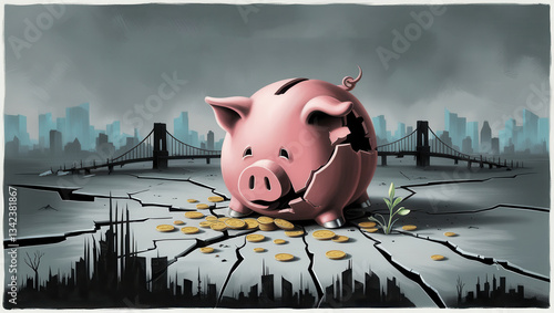 A broken piggy bank with scattered coins on cracked ground with a dramatic city background. Economic recession, financial crisis, instability
