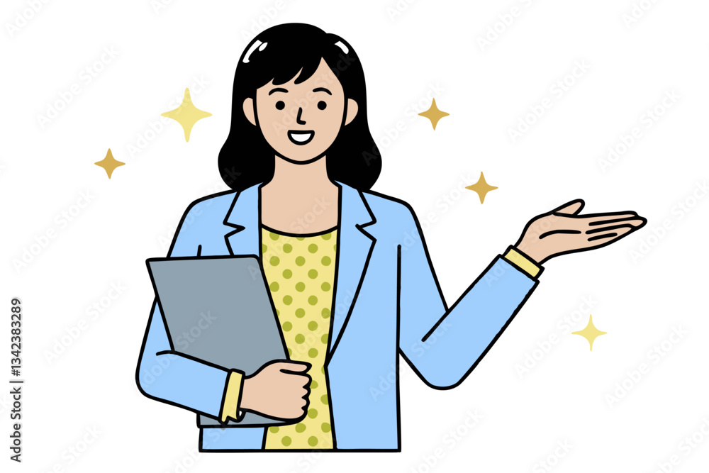 Smiling Businesswoman Holding Clipboard Presenting with Hand Gesture on White Background with Sparkles Smiling Businesswoman Holding Clipboard Presenting with Hand Gesture on White Background with Sparkles