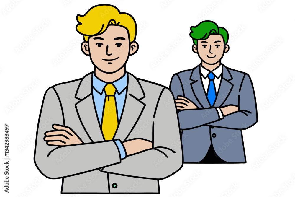 Two Confident Businessmen with Arms Crossed, One with Green Hair and the Other with Yellow Hair Two Confident Businessmen with Arms Crossed, One with Green Hair and the Other with Yellow Hair