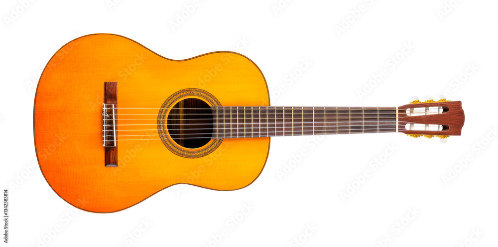 Obraz premium Classical acoustic guitar with wooden body and nylon strings, cut out