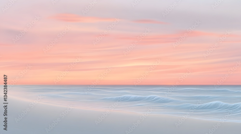 Obraz premium Serene Pastel Sunset Beach- Soft Waves and Pink Sky
