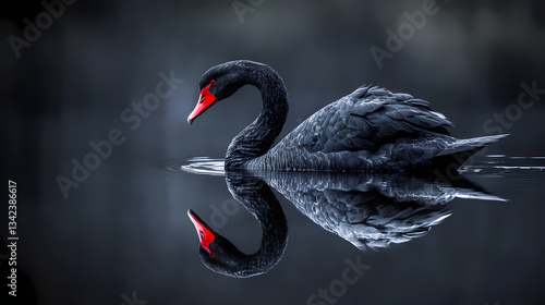 Fototapeta Naklejka Na Ścianę i Meble -  A black swan with a red beak glides gracefully across a still, dark water surface, its reflection mirroring its elegant form. Dark Reflection. Illustration