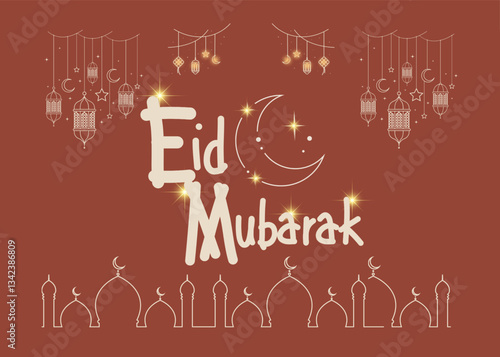 A festive Eid Mubarak card with crescent moons lanterns and ornate decorations in a warm hue symbolizing celebration tradition and joy.
