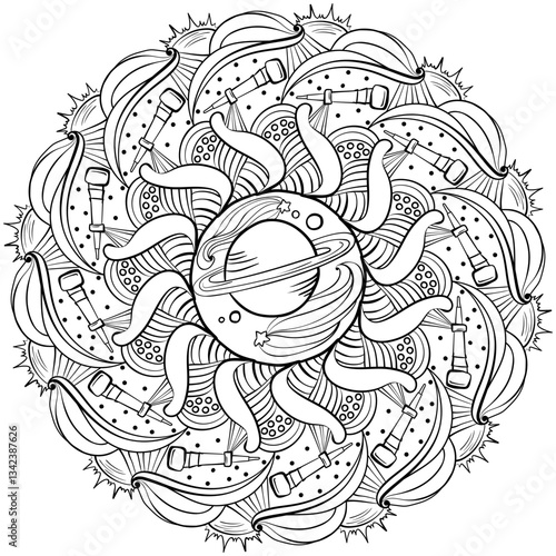 Outline mandala on the theme of space and astronomy, creative coloring page for kids and adult activity