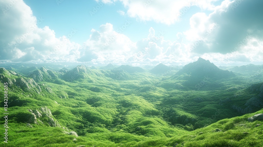 Fototapeta premium Lush green mountain valley under a bright sky