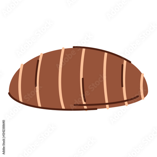 Oval chocolate candy with vertical icing lines. Vector