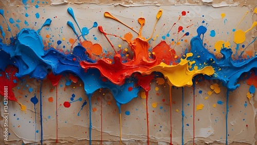 Vivid paint splashes on aged paper, vibrant, dripping down