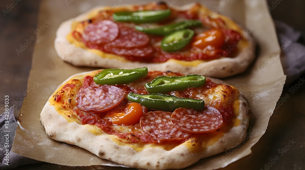 Delicious Mini Salami & Jalapeño Pizzas on Parchment Paper Delicious Mini Salami & Jalapeño Pizzas on Parchment Paper