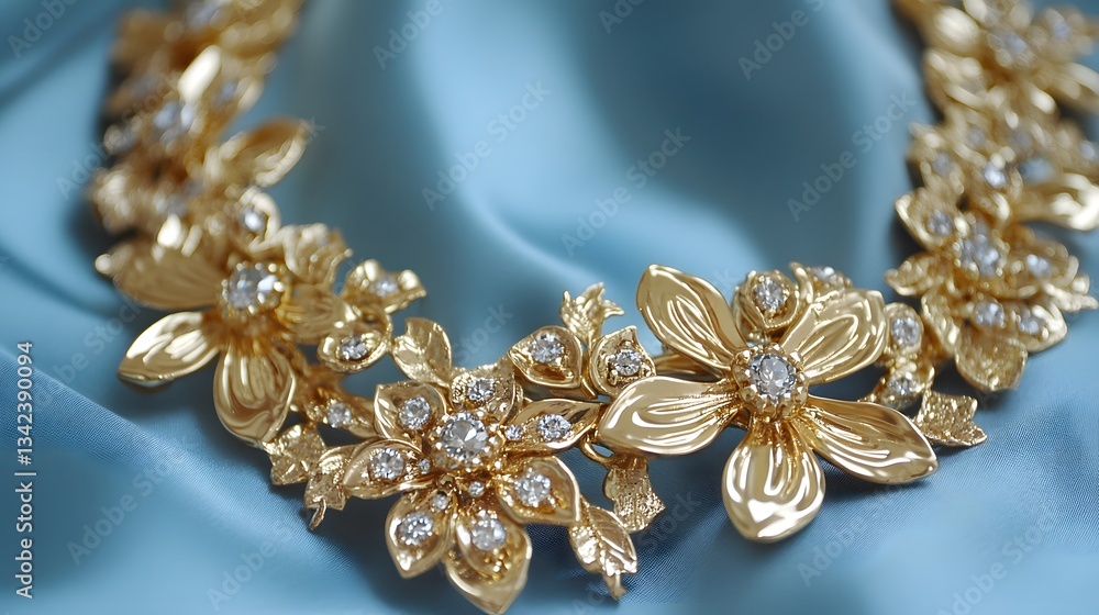 Fototapeta premium Luxury Gold Floral Diamond Necklace on Silk