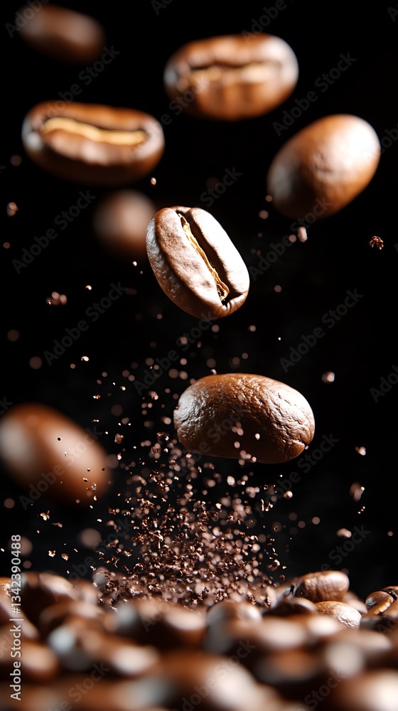 Coffee beans falling, dark background, close up Coffee beans falling, dark background, close up