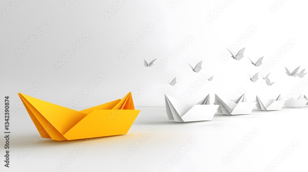 Naklejka premium Unique Yellow Origami Boat Leading White Fleet with Butterflies